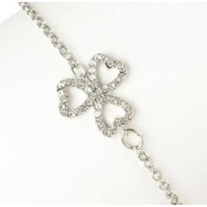 Sparkling Rhinestone Clover Charm Bracelet – Silver Tone Adjustable *NEW*